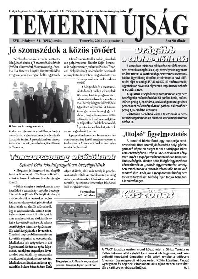Temerini Újság, 17. évf. 2011. augusztus 4. 31. sz.