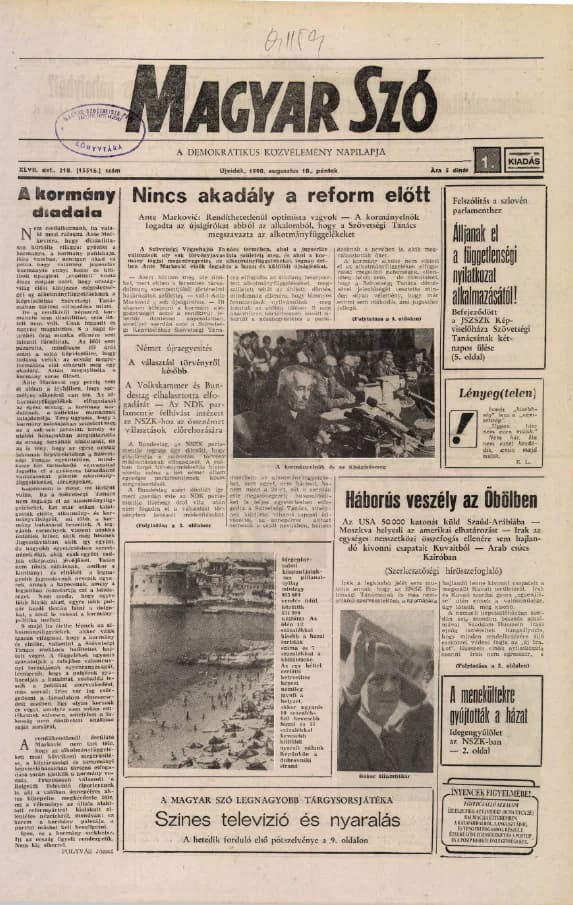 Magyar Szó, 47. évf. 1990. augusztus 10. 218. sz. 1–20. oldal