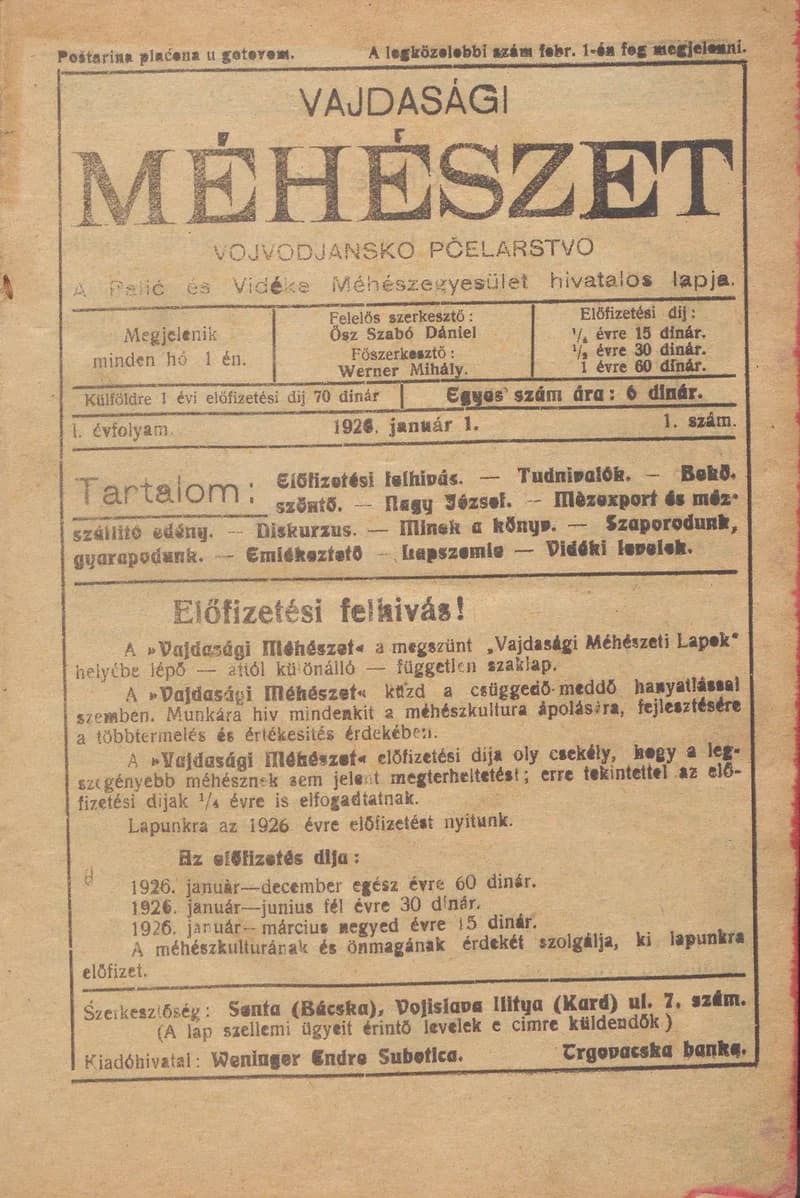 Vajdasági méhészet, 1. évf. 1926. január 1. 1. sz.