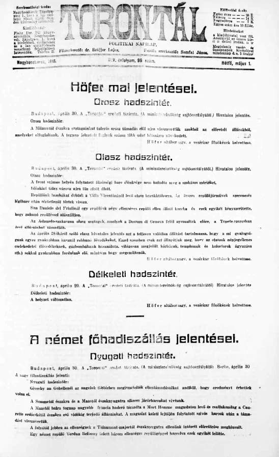 Torontál, 45. évf. 1916. május 1. 99. sz.