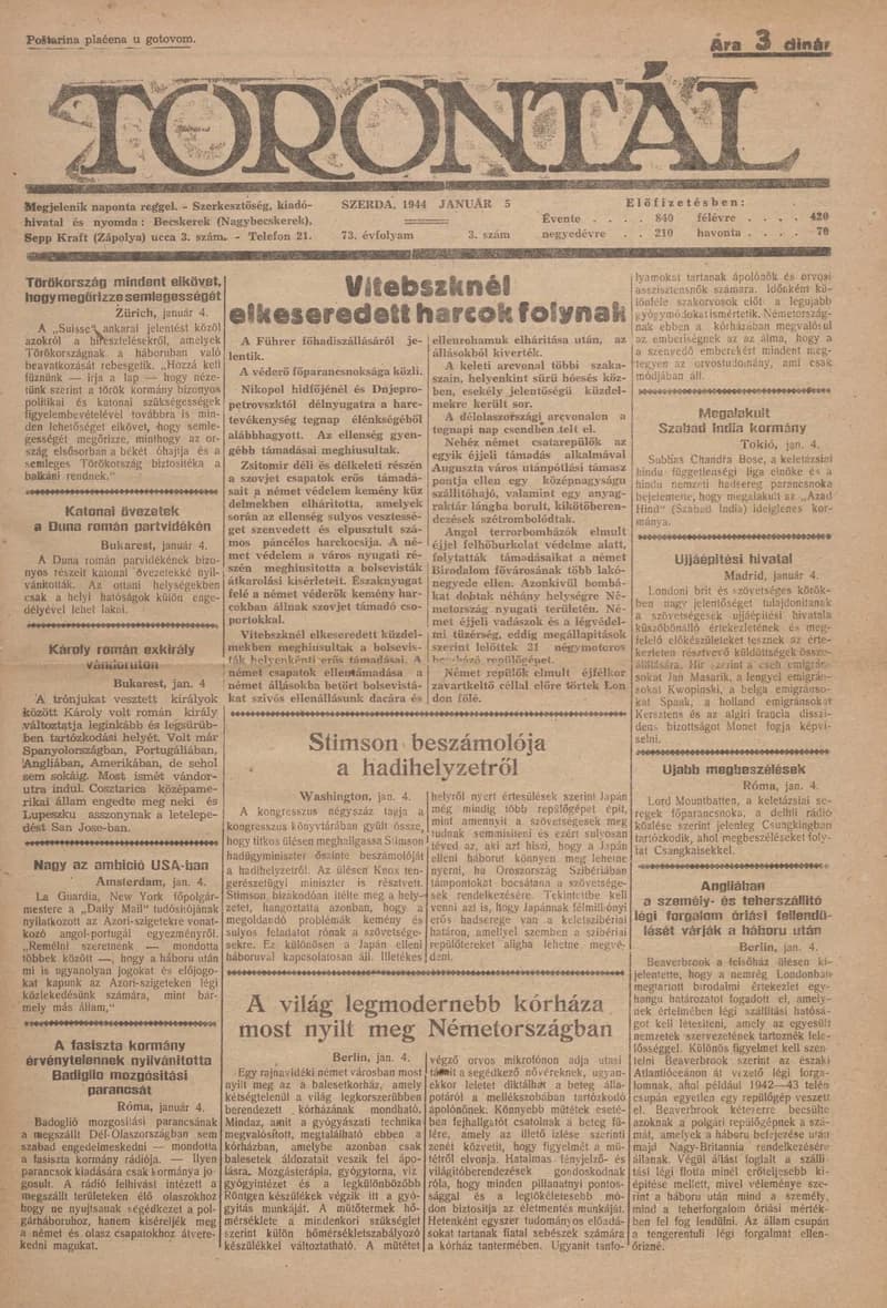 Torontál, 73. évf. 1944. január 5. 3. sz.