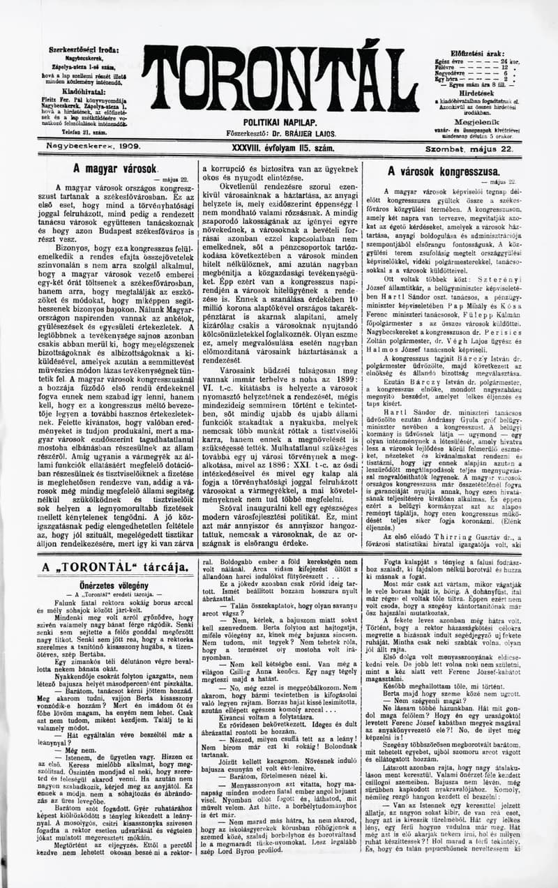 Torontál, 38. évf. 1909. május 22. 115. sz.