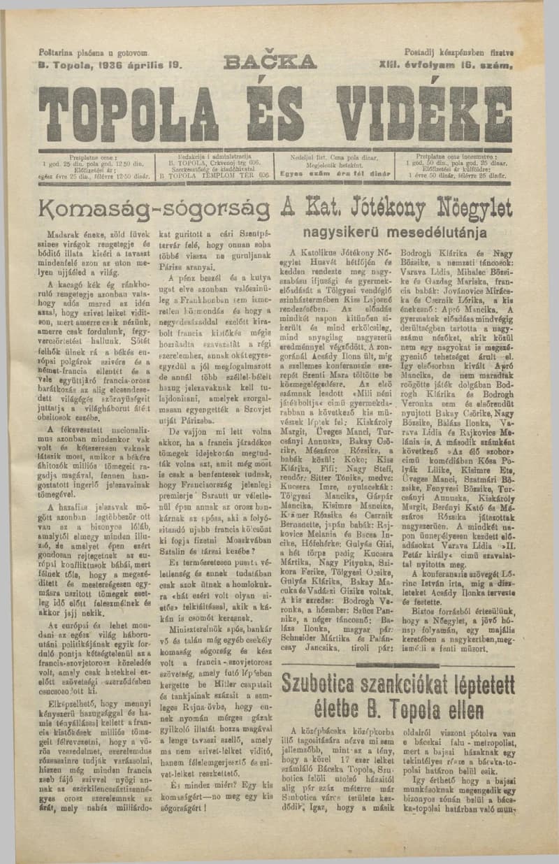 Bačka Topola és Vidéke, 13. évf. 1936. április 19. 16. sz.