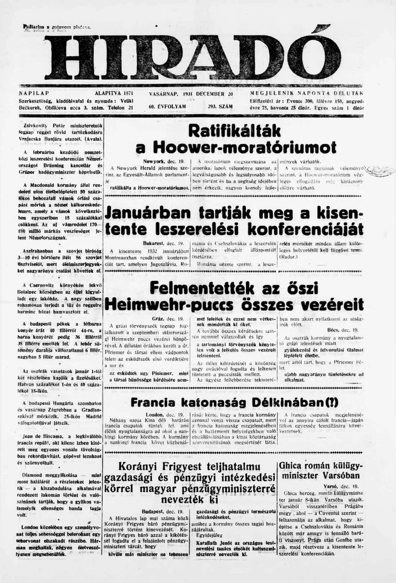 Híradó, 60. évf. 1931. december 20. 293. sz.