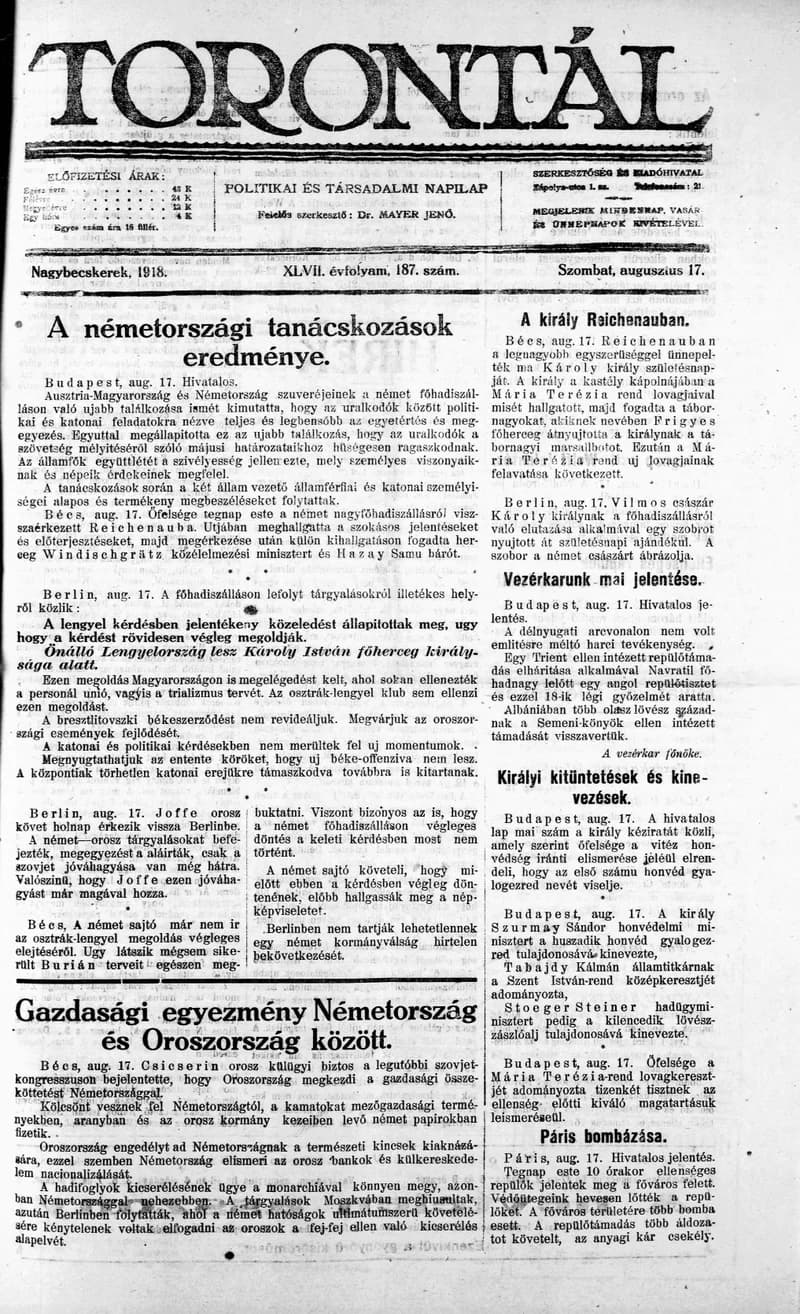 Torontál, 47. évf. 1918. augusztus 17. 187. sz.