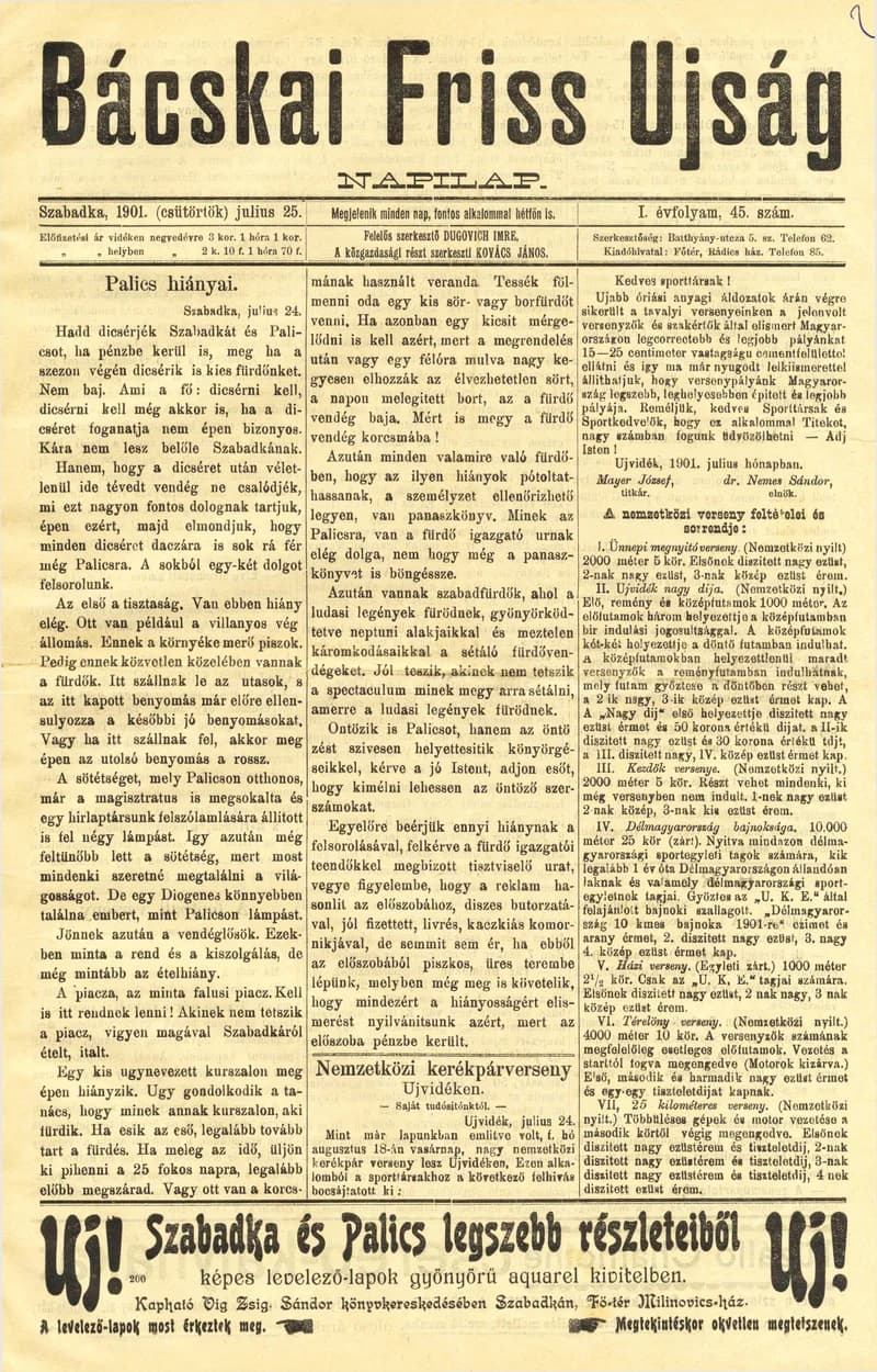 Bácskai Friss Ujság, 1. évf. 1901. július 25. 45. sz.