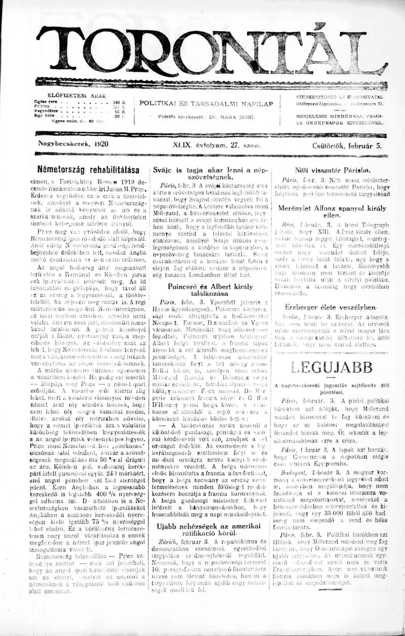Torontál, 49. évf. 1920. február 5. 27. sz.