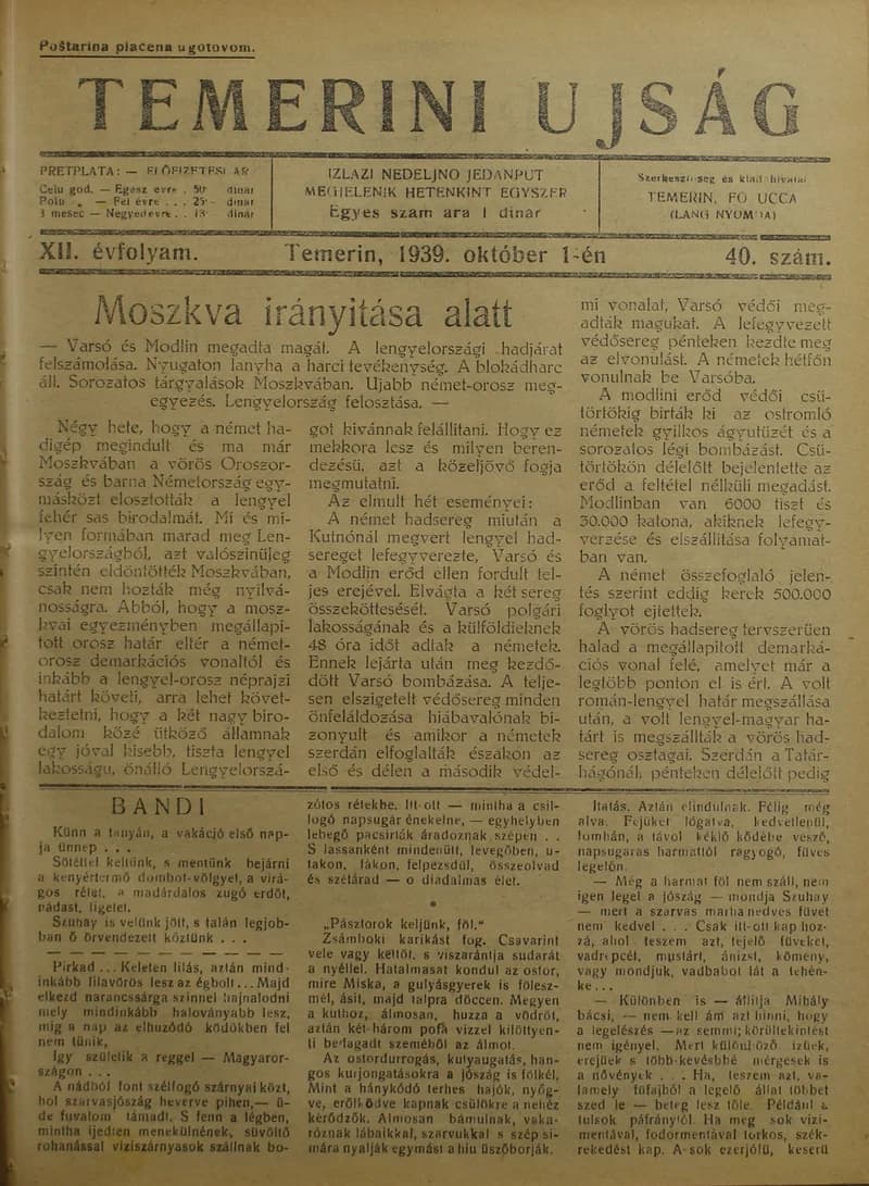 Temerini Újság 1928-1944, 12. évf. 1939. október 1. 40. sz.