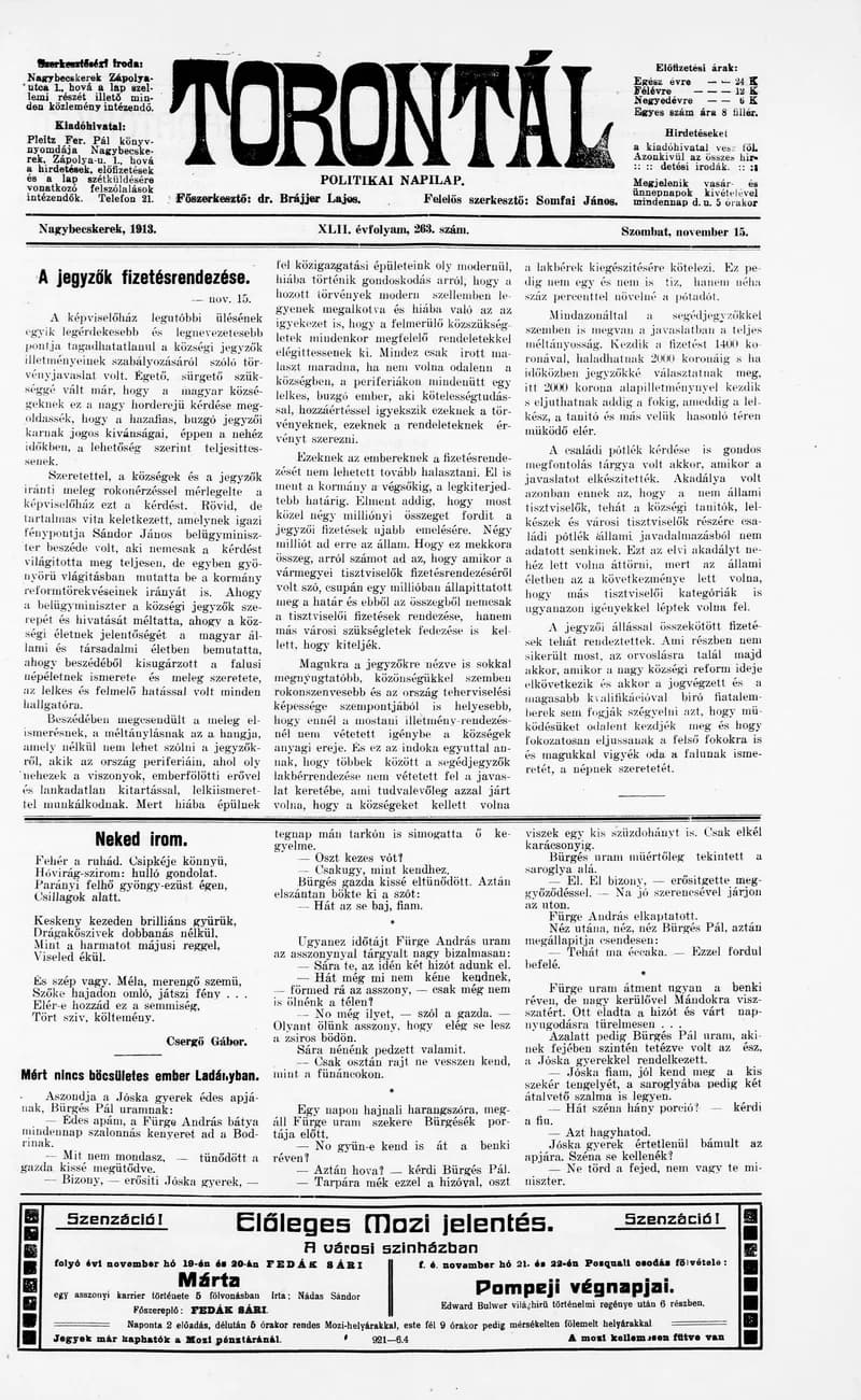 Torontál, 42. évf. 1913. november 15. 263. sz.
