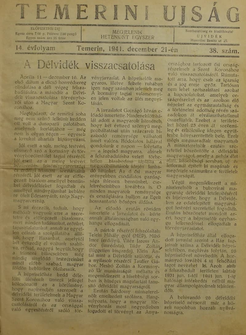 Temerini Újság 1928-1944, 14. évf. 1941. december 21. 38. sz.