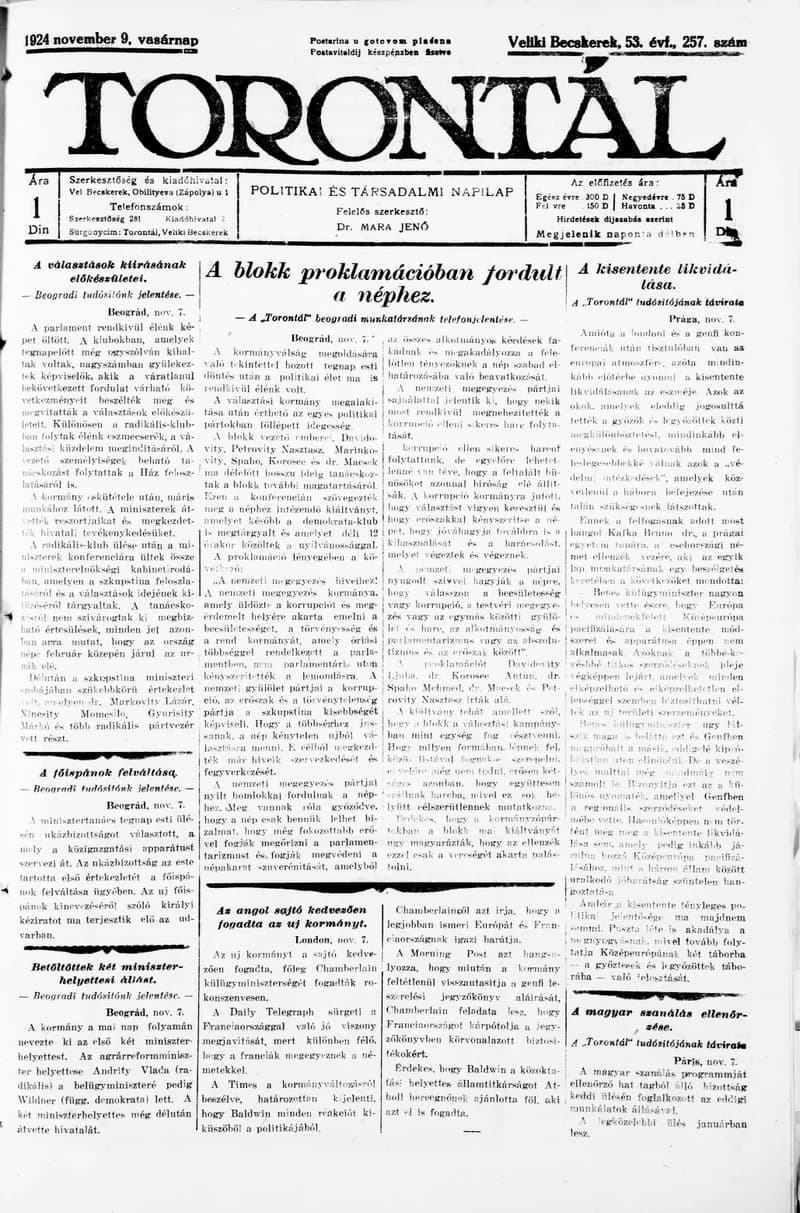 Torontál, 53. évf. 1924. november 9. 257. sz.