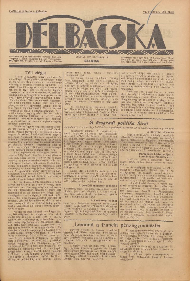 Délbácska, 6. évf. 1925. december 16. 290. sz.