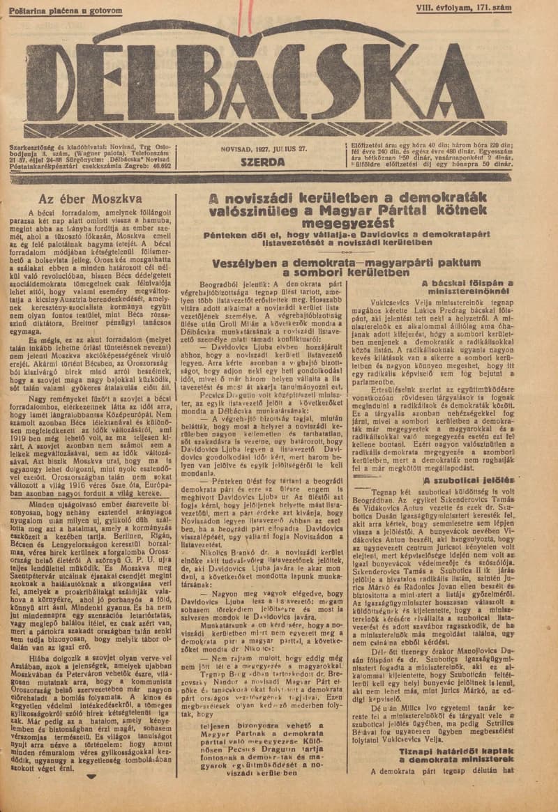Délbácska, 8. évf. 1927. július 27. 171. sz.