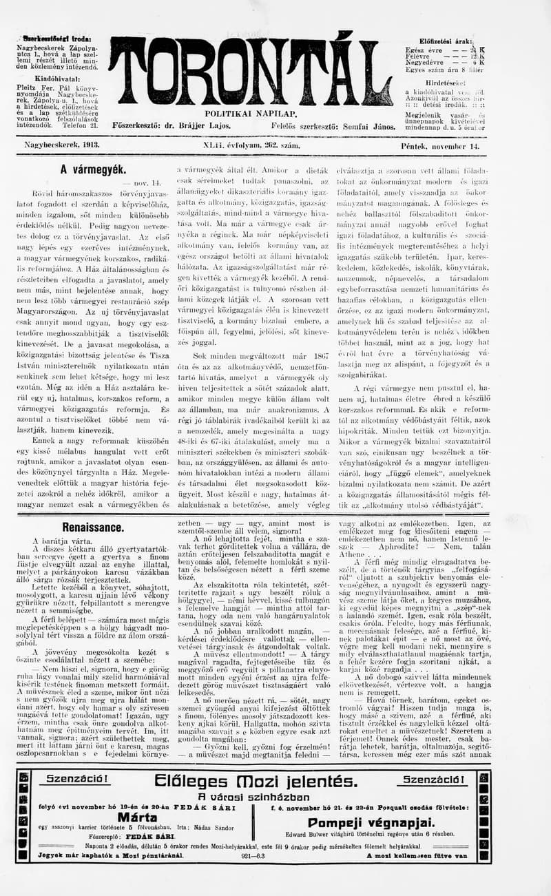 Torontál, 42. évf. 1913. november 14. 262. sz.