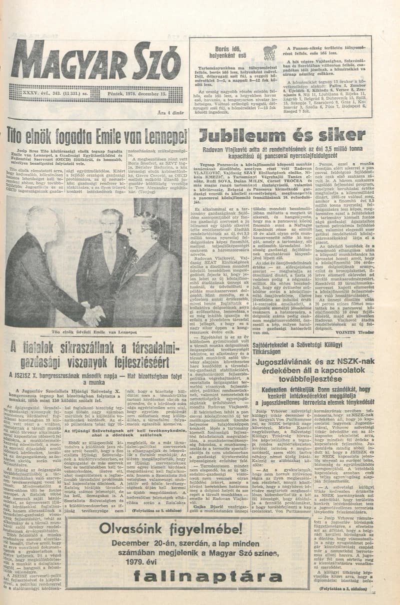 Magyar Szó, 35. évf. 1978. december 15. 343. sz. 1–20. oldal