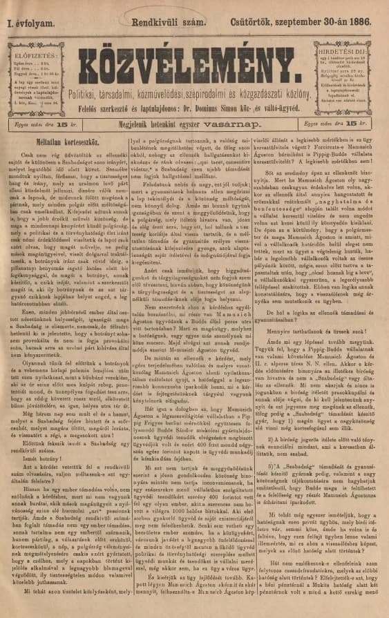 Közvélemény, 1. évf. 1886. szeptember 30. Rendkívüli szám