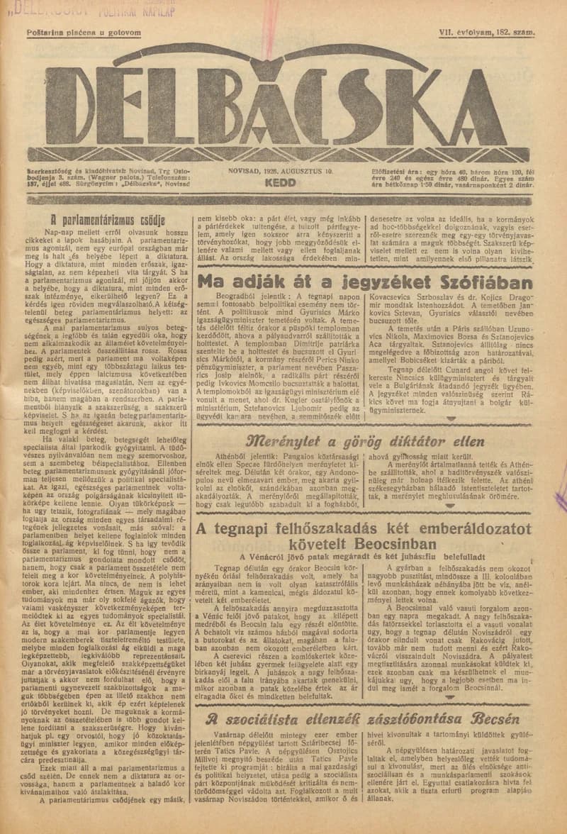 Délbácska, 7. évf. 1926. augusztus 10. 182. sz.