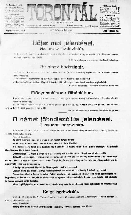 Torontál, 45. évf. 1916. február 15. 36. sz.