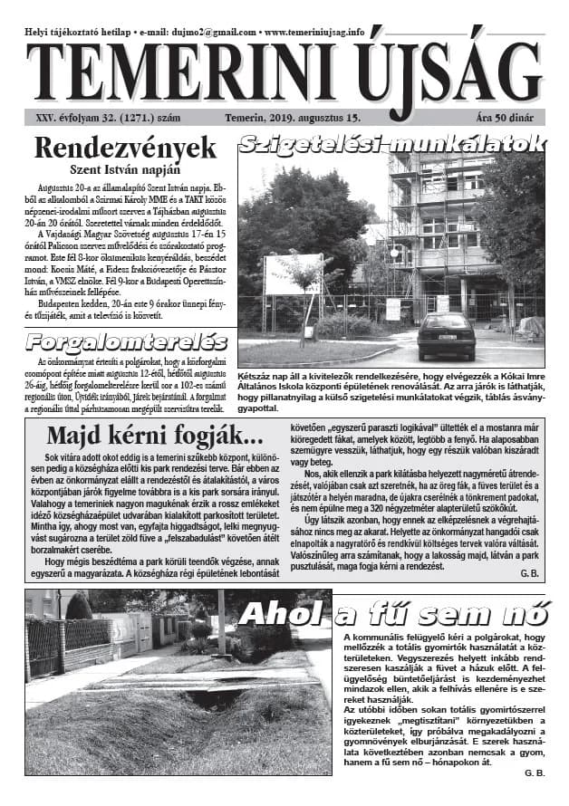 Temerini Újság, 25. évf. 2019. augusztus 15. 32. sz.