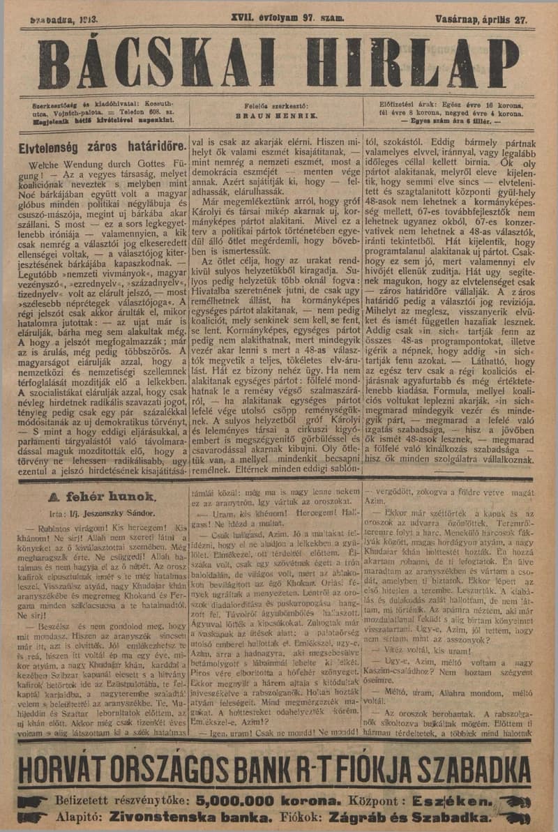 Bácskai Hirlap, 17. évf. 1913. április 27. 97. sz.