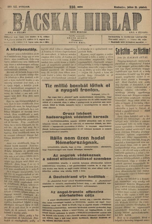 Bácskai Hirlap, 20. évf. 1916. július 21. 330. sz.