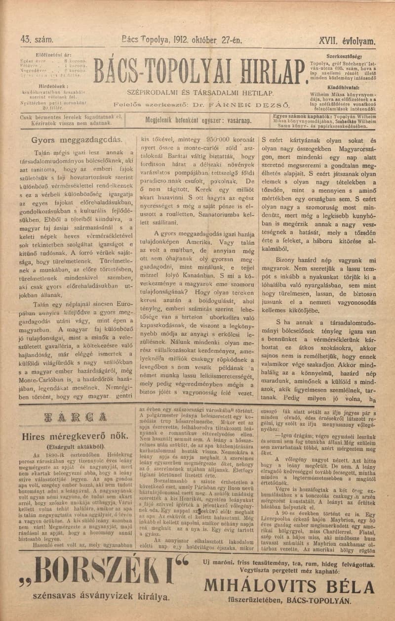 Bács-Topolyai Hirlap, 17. évf. 1912. október 27. 43. sz.