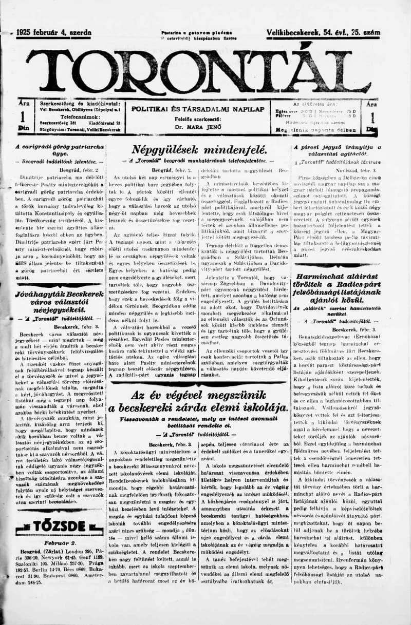 Torontál, 54. évf. 1925. február 4. 25. sz.