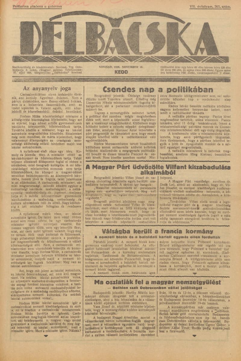 Délbácska, 7. évf. 1926. november 16. 265. sz.