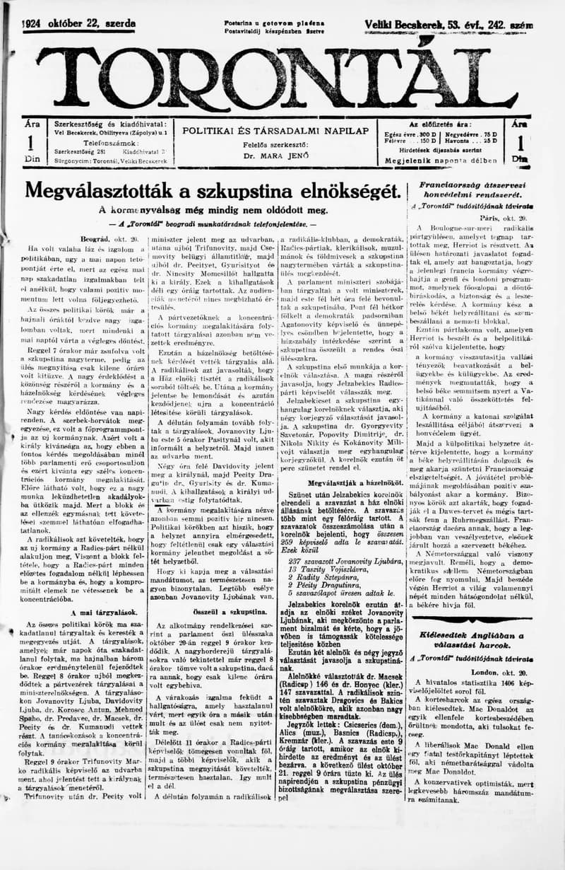 Torontál, 53. évf. 1924. október 22. 242. sz.