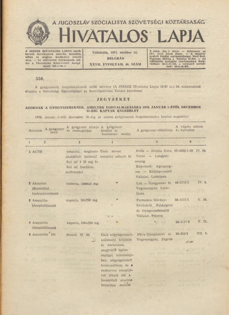 A Jugoszláv Szocialista Szövetségi Köztársaság Hivatalos Lapja, 27. évf. 1971. október 14. 46. sz. 861–892. oldal