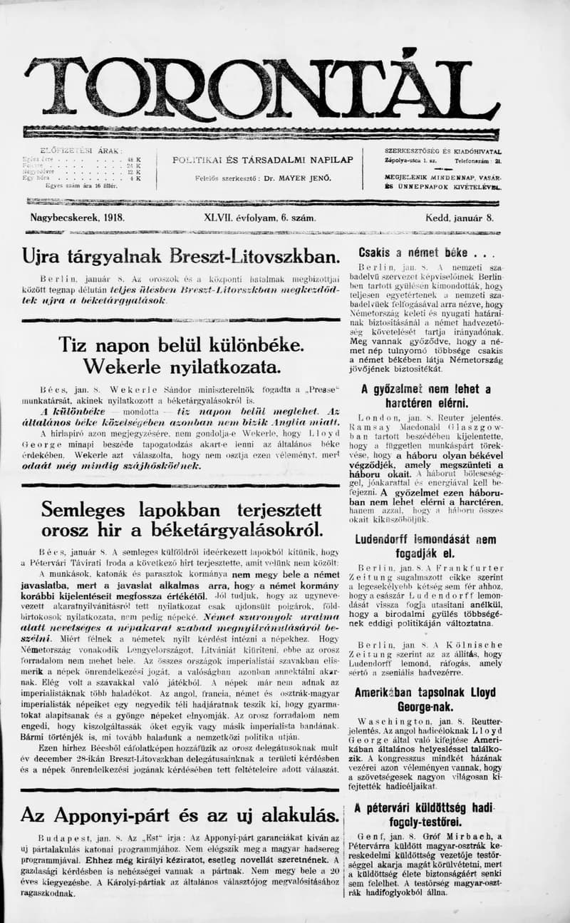 Torontál, 47. évf. 1918. január 8. 6. sz.