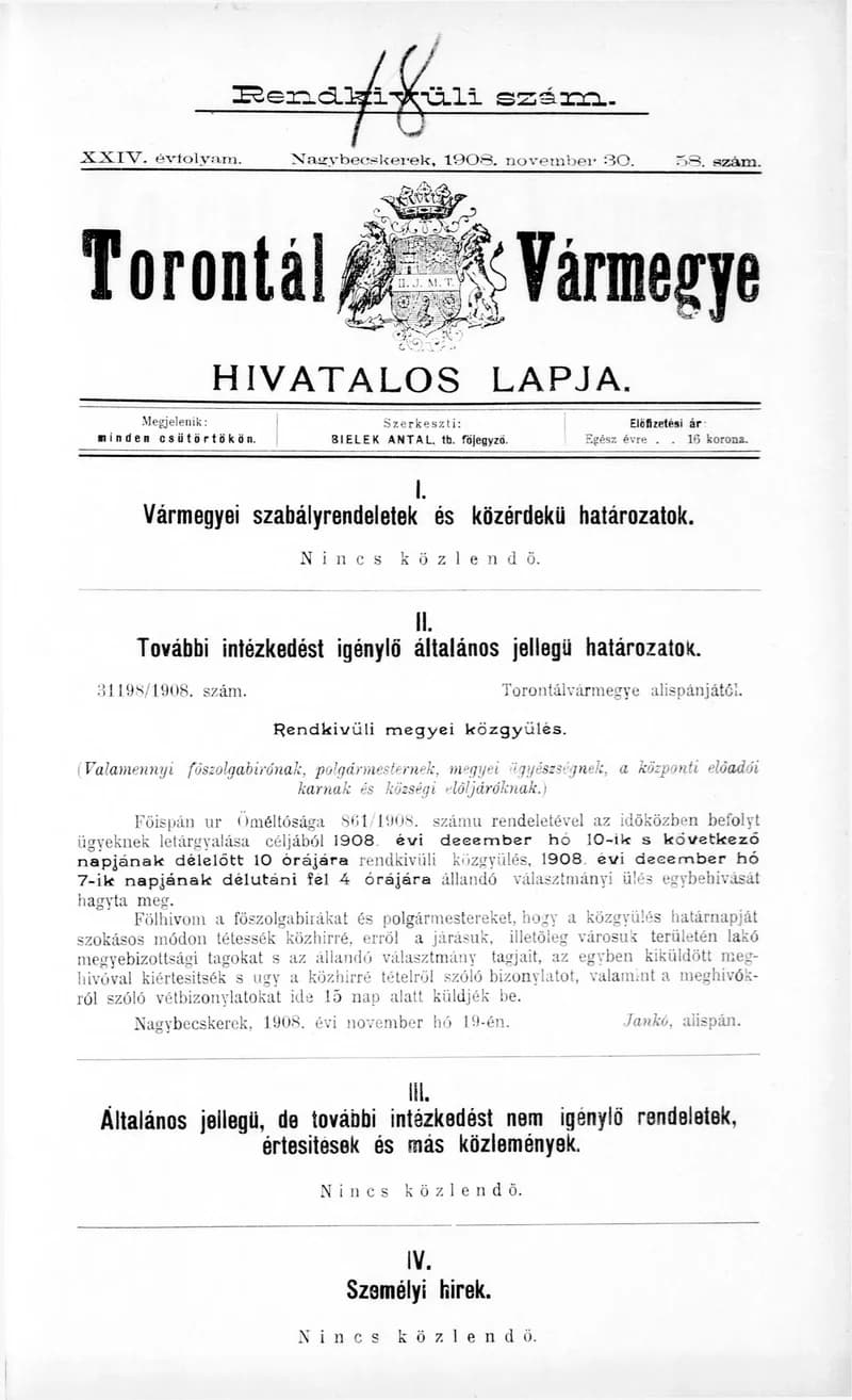 Torontál Vármegye Hivatalos Lapja, 24. évf. 1908. november 30. 58. sz.