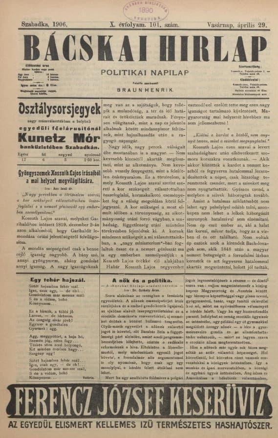 Bácskai Hirlap, 10. évf. 1906. április 29. 101. sz.
