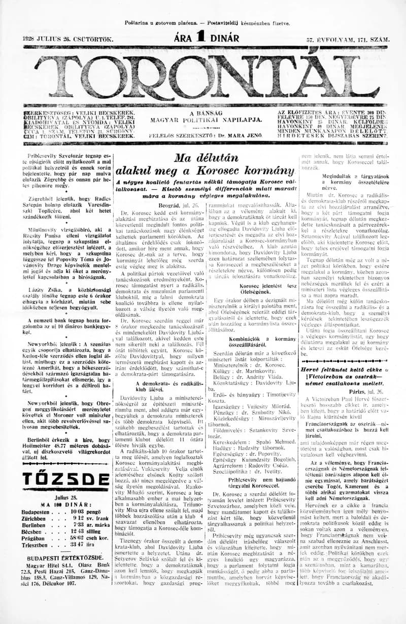 Torontál, 57. évf. 1928. július 26. 171. sz.