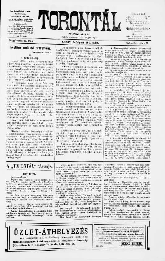 Torontál, 34. évf. 1905. július 27. 169. sz.