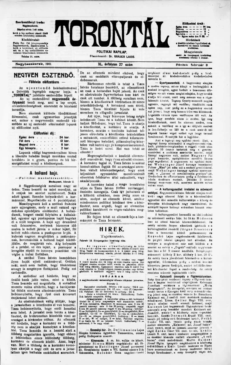 Torontál, 40. évf. 1911. február 3. 27. sz.