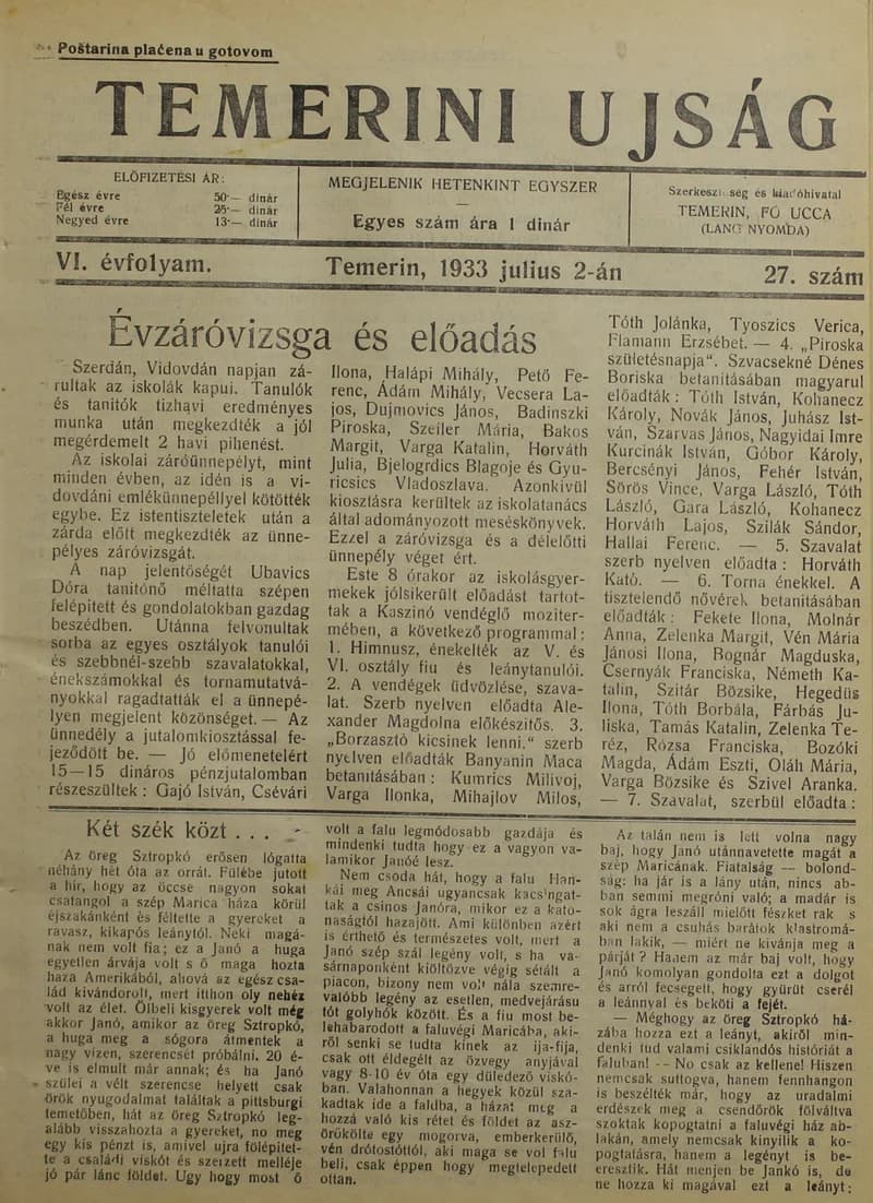 Temerini Újság 1928-1944, 6. évf. 1933. július 2. 27. sz.