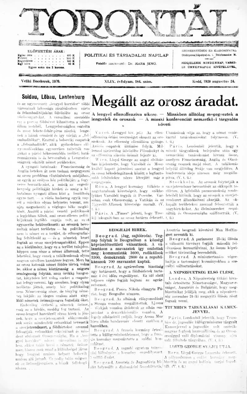 Torontál, 49. évf. 1920. augusztus 24. 184. sz.