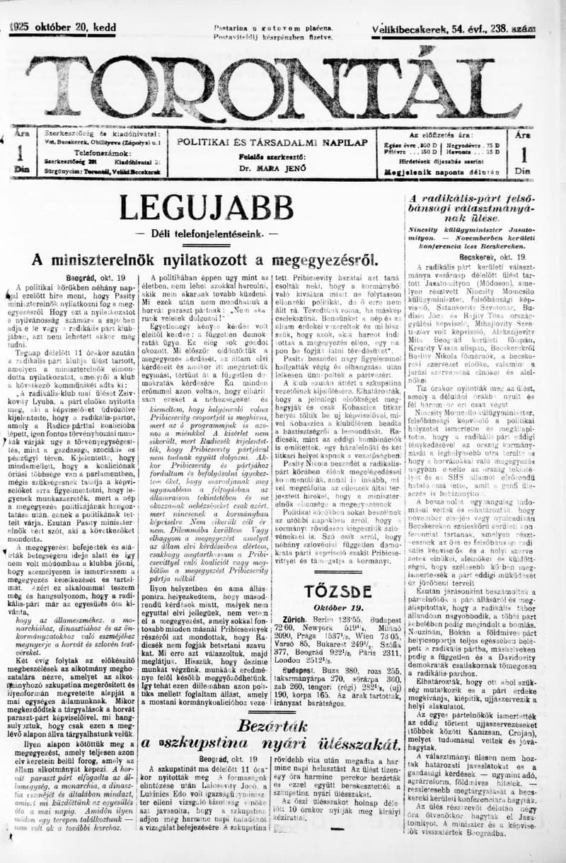 Torontál, 54. évf. 1925. október 20. 238. sz.