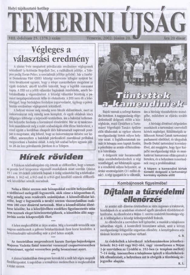Temerini Újság, 8. évf. 2002. június 20. 25. sz.