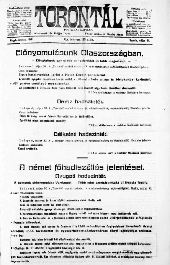Torontál, 45. évf. 1916. május 31. 125. sz.