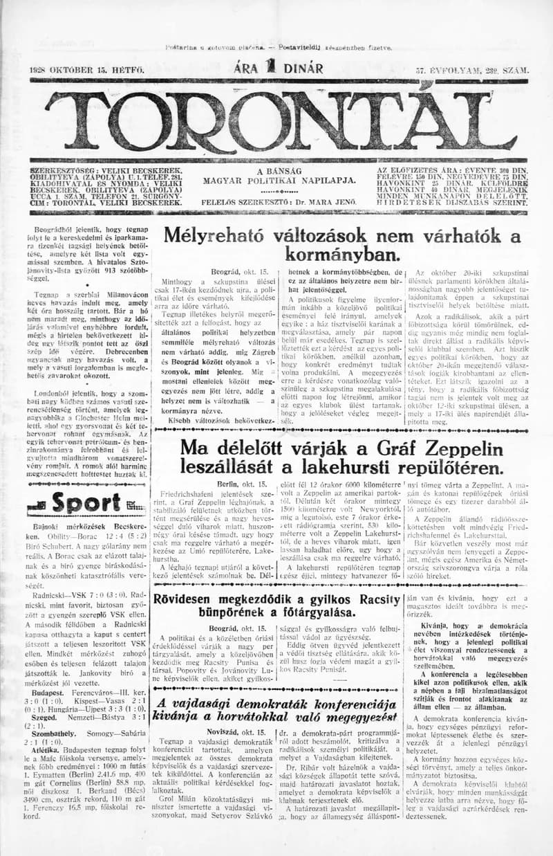 Torontál, 57. évf. 1928. október 15. 239. sz.