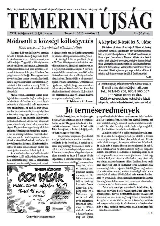 Temerini Újság, 26. évf. 2020. október 15. 41. sz.