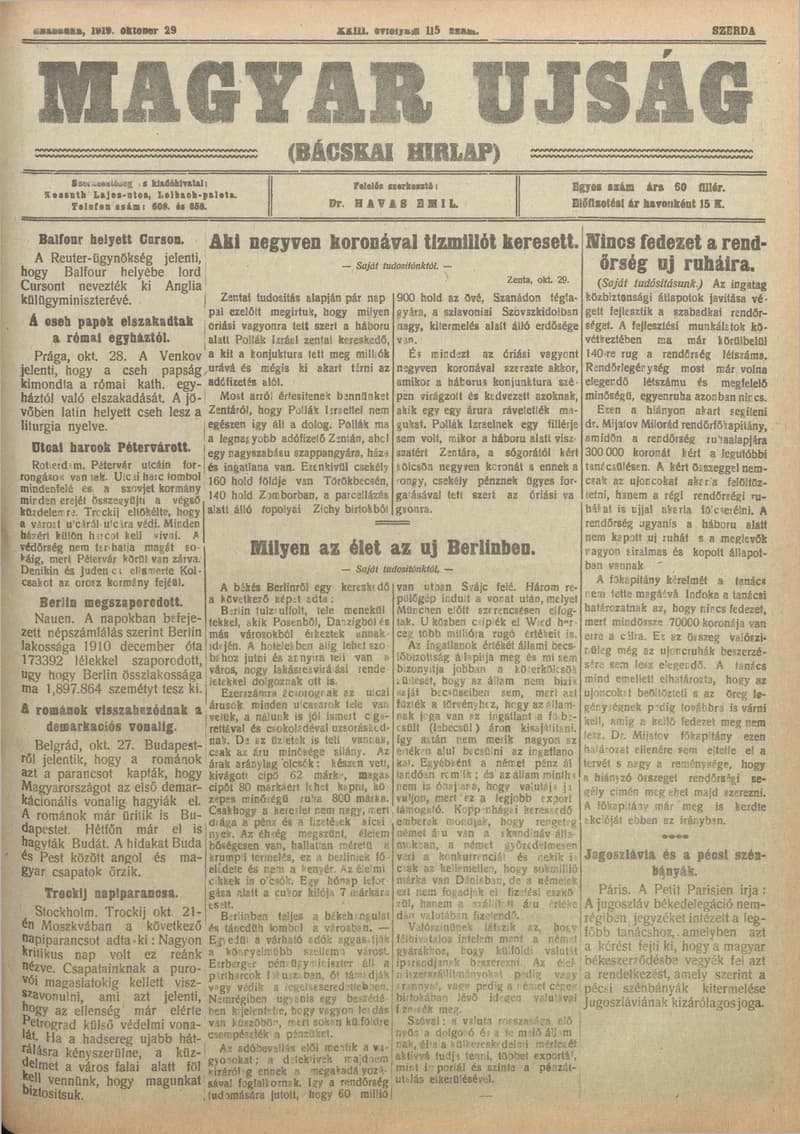 Bácskai Hirlap, 23. évf. 1919. október 29. 115. sz.
