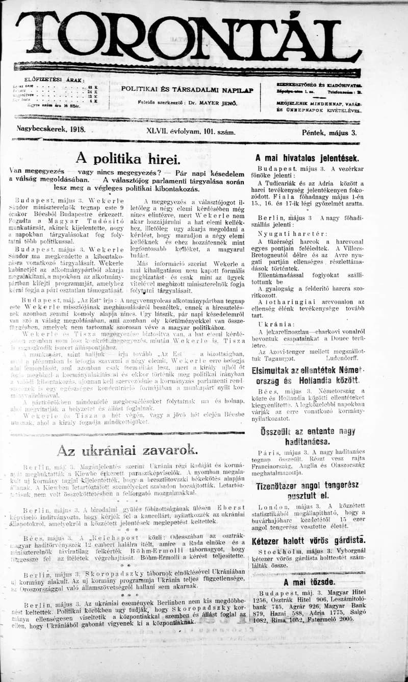 Torontál, 47. évf. 1918. május 3. 101. sz.