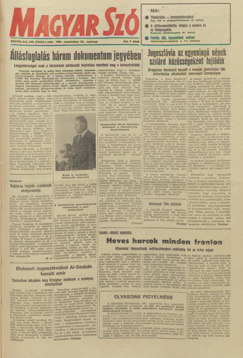 Magyar Szó, 38. évf. 1981. szeptember 20. 259. sz.
