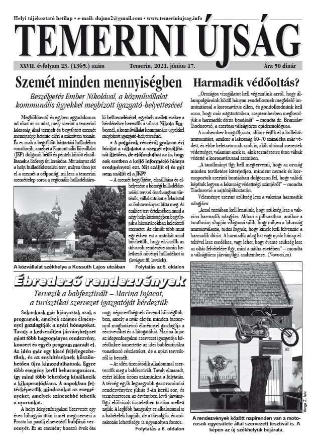 Temerini Újság, 27. évf. 2021. június 17. 23. sz.
