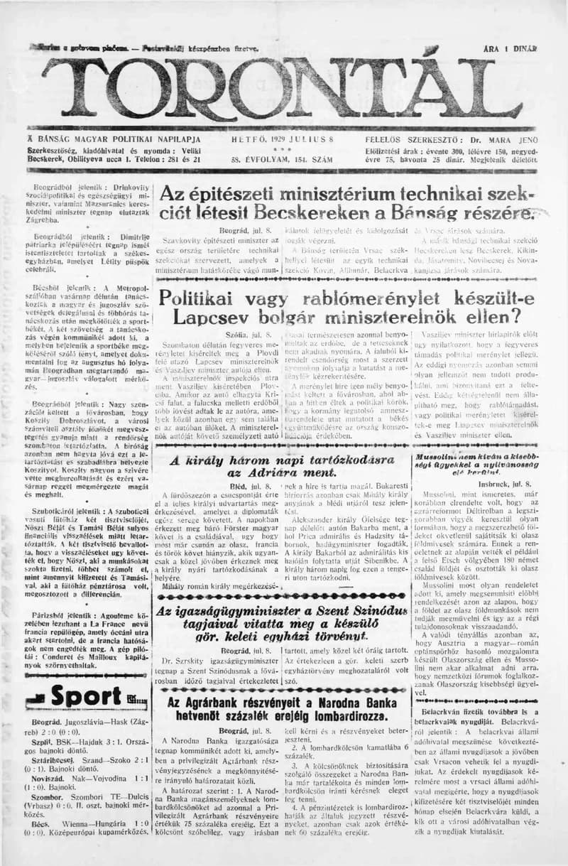 Torontál, 58. évf. 1929. július 8. 154. sz.