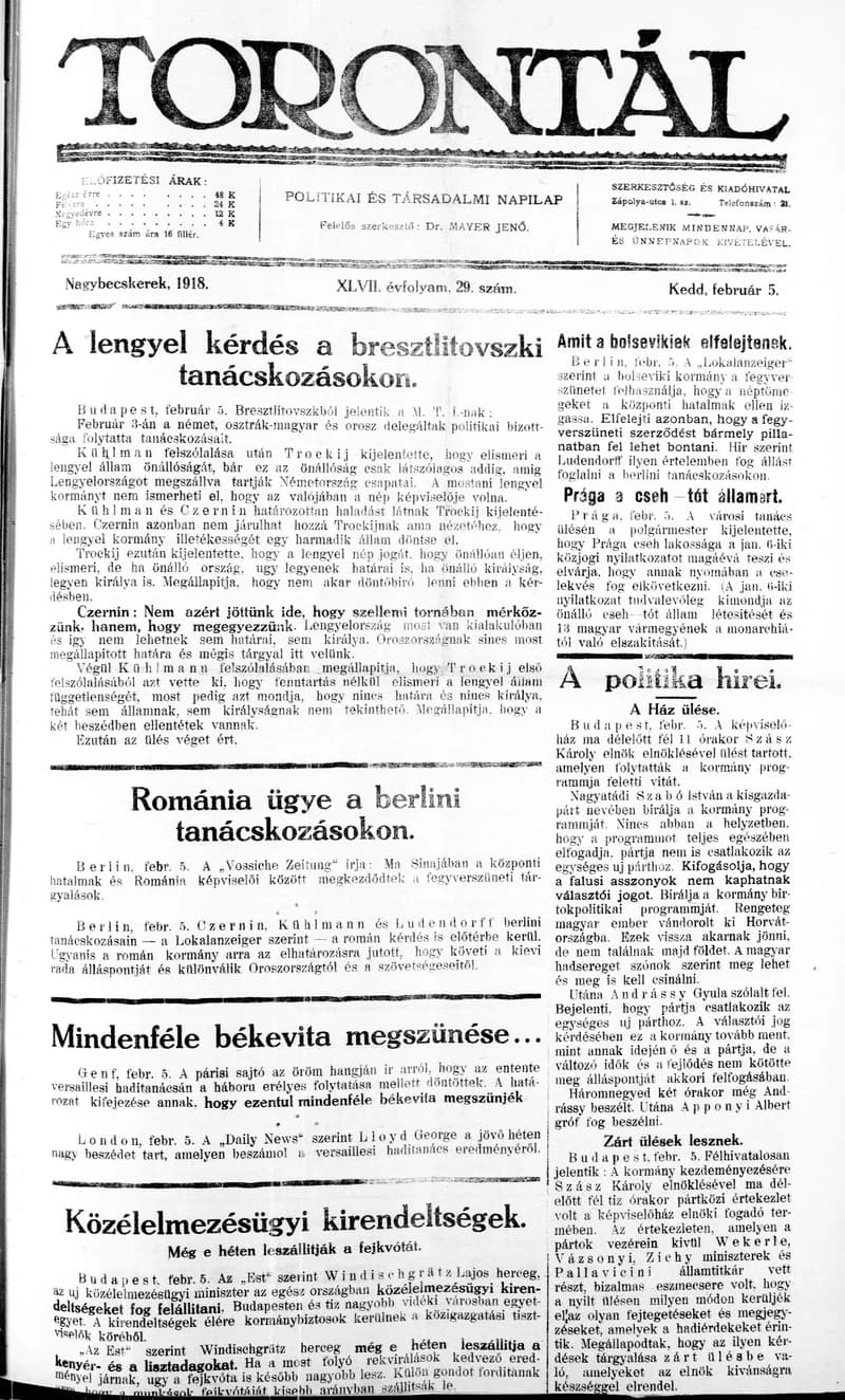 Torontál, 47. évf. 1918. február 5. 29. sz.