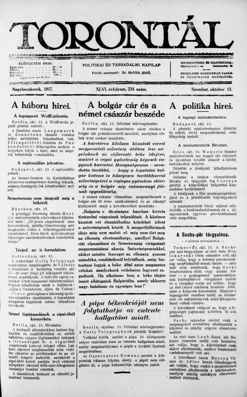 Torontál, 46. évf. 1917. október 13. 234. sz.